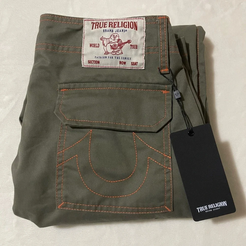True Religion Mens‎ Cargo Pants Kalamata Papaya Orange Contrast Stitch Size 28